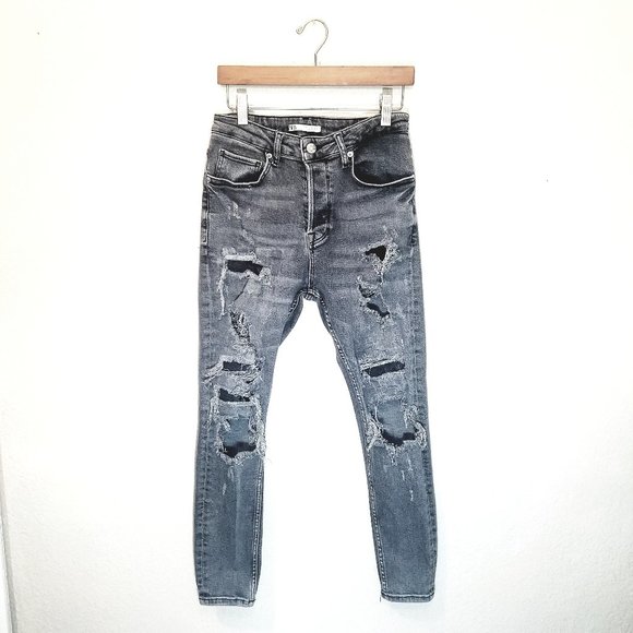 Zara Distressed Grey Black Denim Skinny High Waisted Mom Jeans Button Fly